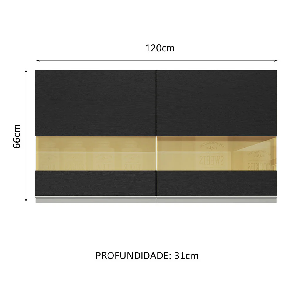 Armário Aéreo 100% MDF 120 cm 2 Portas Vidro Reflex Branco/Preto Acordes Madesa - Image 2