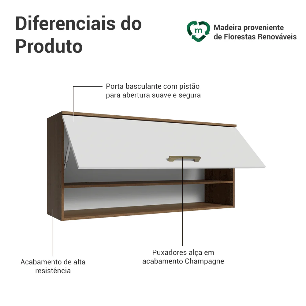 Armário Aéreo 105 cm 1 Porta Basculante Rustic/Branco Lille Madesa - Image 4