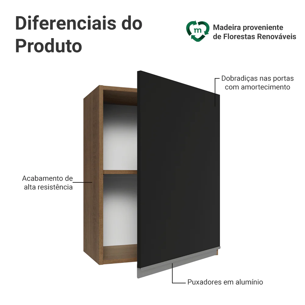 Armário Aéreo 50cm 1 Porta Rustic/Preto Glamy Madesa - Image 3