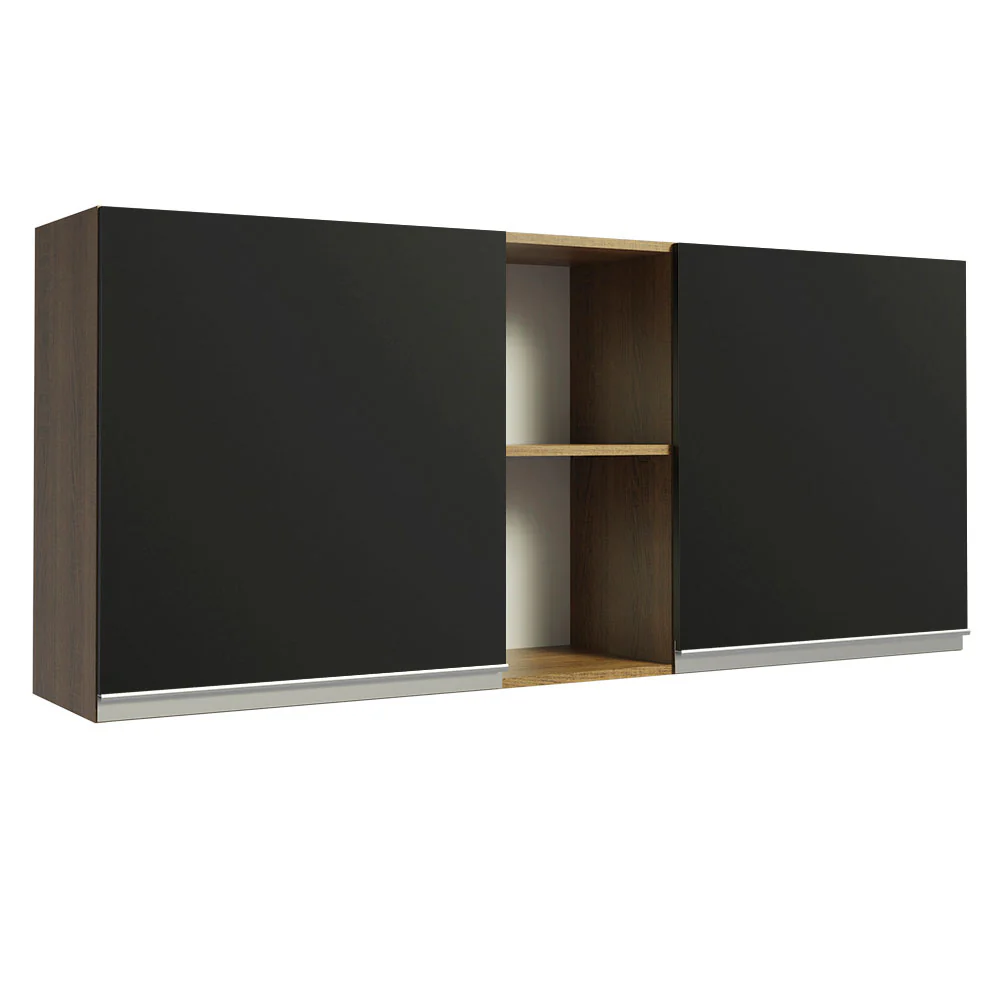 Armário Aéreo Madesa Glamy 150 cm 2 Portas e 2 Nichos Rustic/Preto