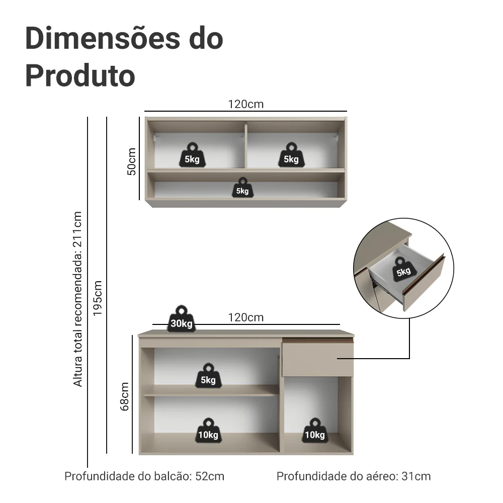 Armário de Cozinha Compacta 120 cm Suspensa Crema Nice Madesa 04 - Image 3