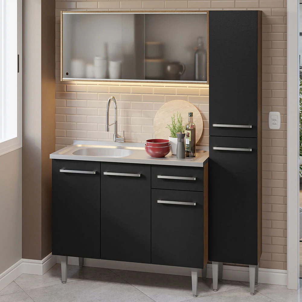 Armário de Cozinha Compacta 137cm com Pia Rustic/Preto Emilly Madesa 07