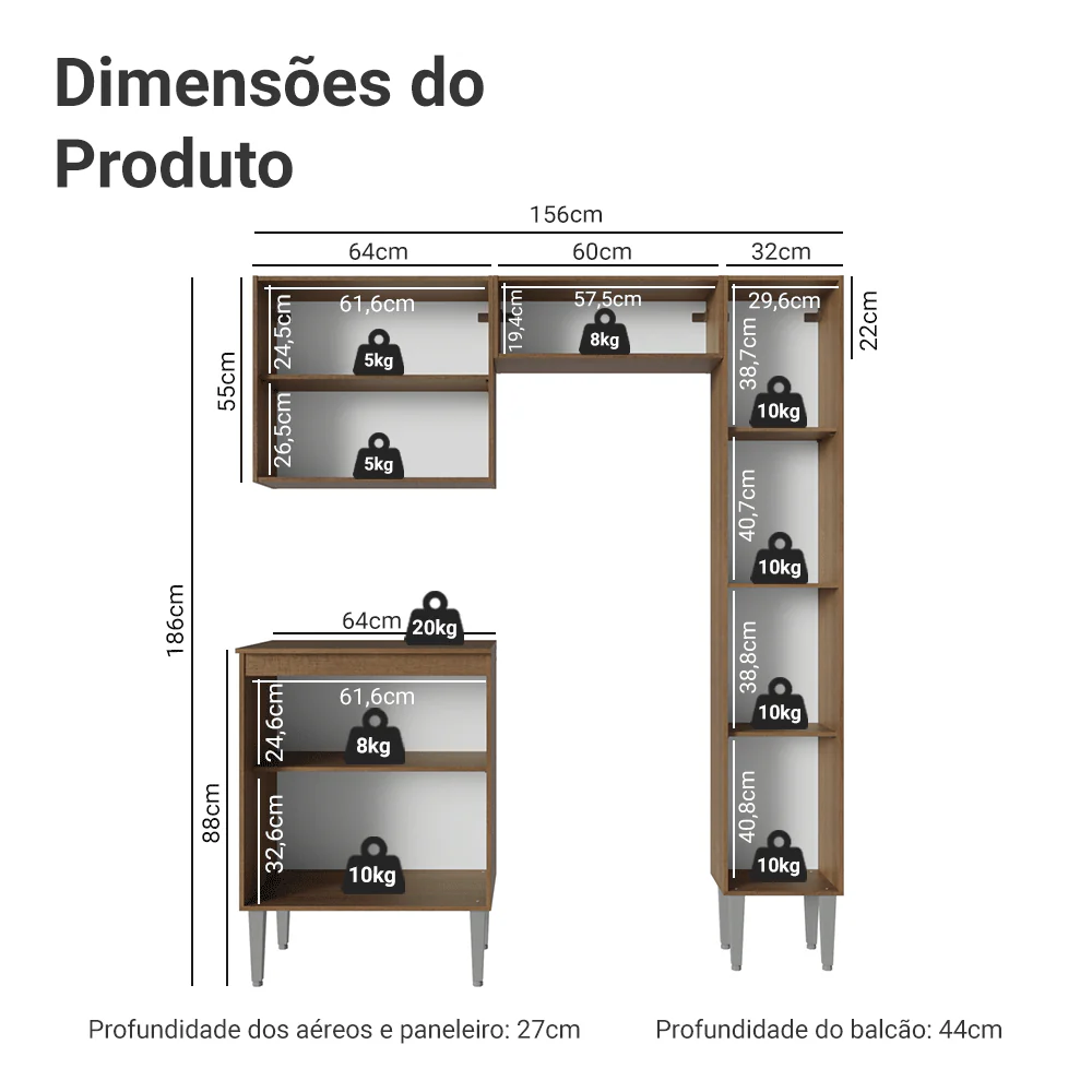 Armário de Cozinha Compacta 156 cm Rustic Emilly Madesa 02 - Image 3