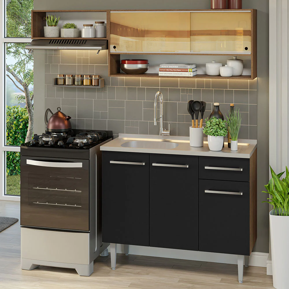 Armário de Cozinha Compacta 165cm com Pia Rustic/Preto Emilly Madesa 01