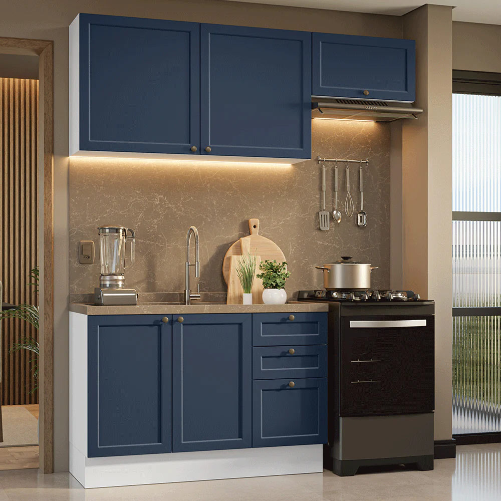 Armário de Cozinha Compacta 180 cm Branco/Azul Vik Madesa 02