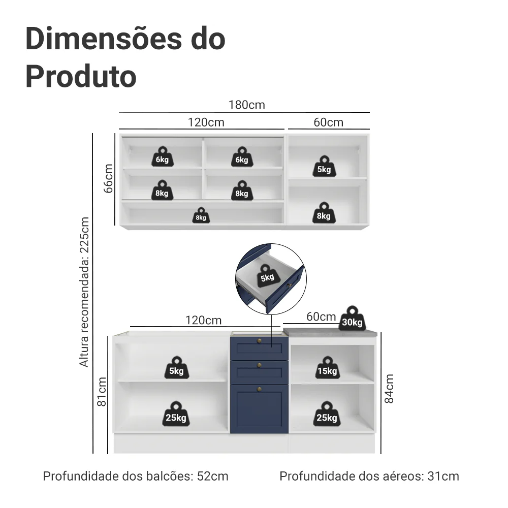 Armário de Cozinha Compacta 180 cm Branco/Azul Vik Madesa 03 - Image 3