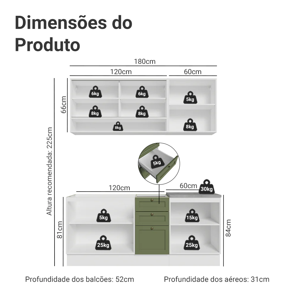 Armário de Cozinha Compacta 180 cm Branco/Verde Vik Madesa 04 - Image 3