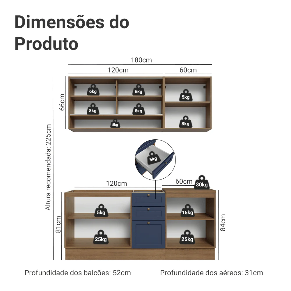 Armário de Cozinha Compacta 180 cm Rustic/Azul Vik Madesa 03 - Image 3