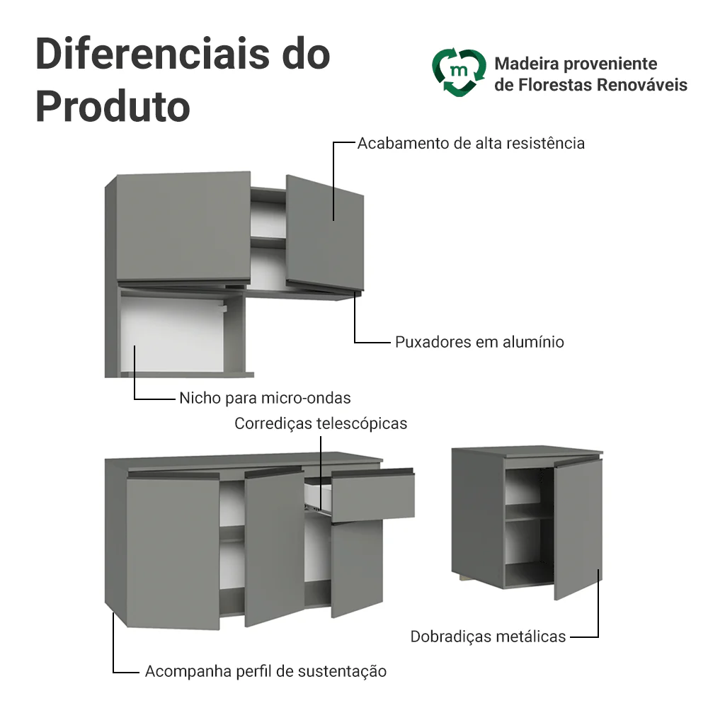 Armário de Cozinha Compacta 180 cm Suspensa Cinza Nice Madesa 03 - Image 4