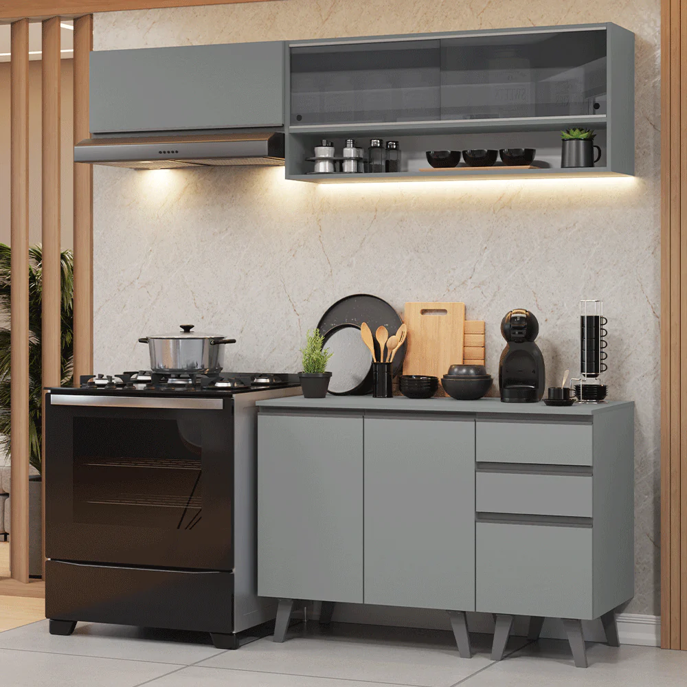 Armário de Cozinha Compacta 200cm Cinza Nice Madesa 14