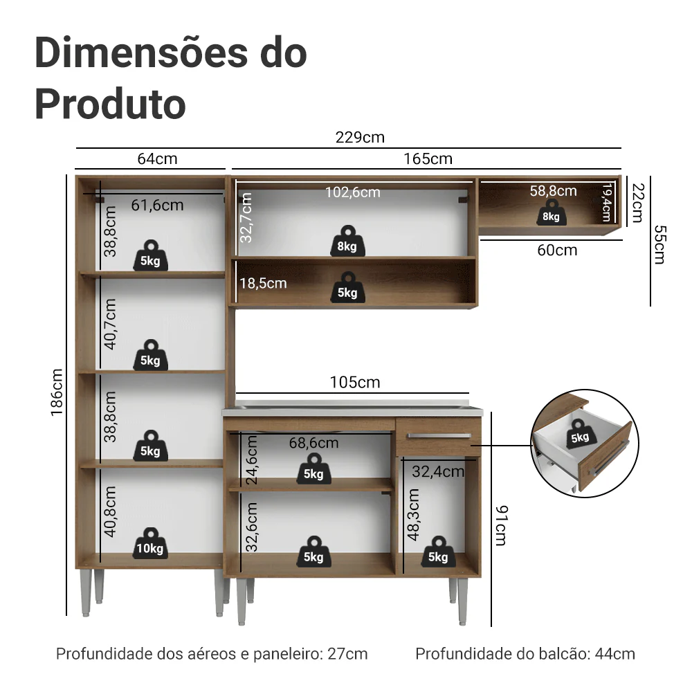 Armário de Cozinha Compacta 229cm com Pia Rustic/Branco Emilly Madesa 12 - Image 3