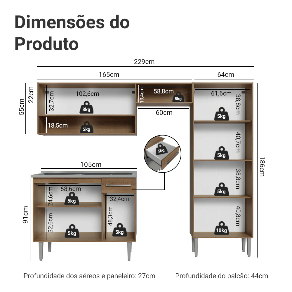 Armário de Cozinha Compacta 229cm com Pia Rustic/Cinza Emilly Madesa 10 - Image 3