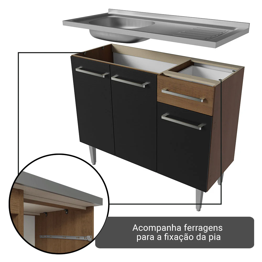 Armário de Cozinha Compacta 229cm com Pia Rustic/Preto Emilly Madesa 12 - Image 5