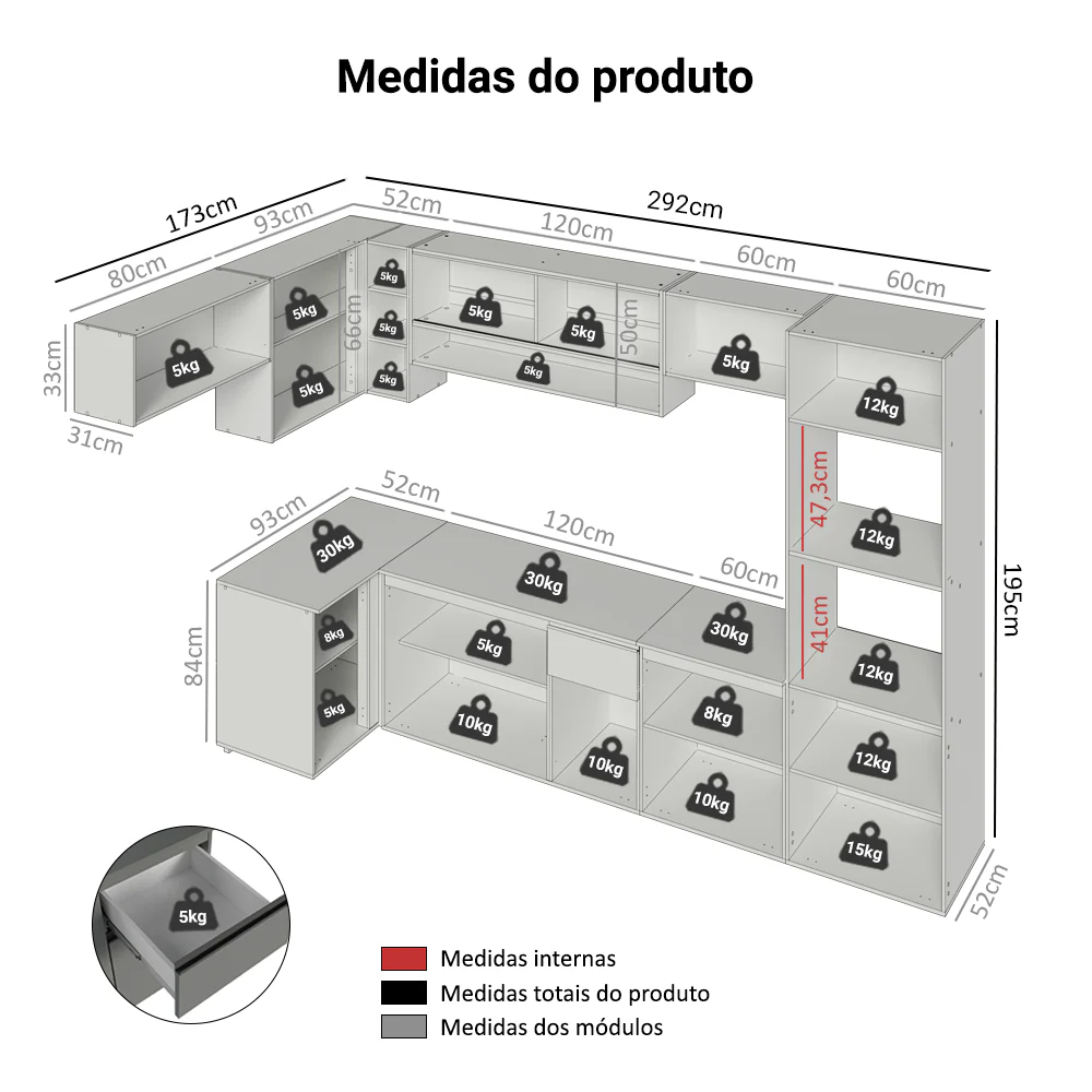 Armário de Cozinha Completa de Canto Suspenso 465cm Cinza Nice Madesa 02 - Image 3