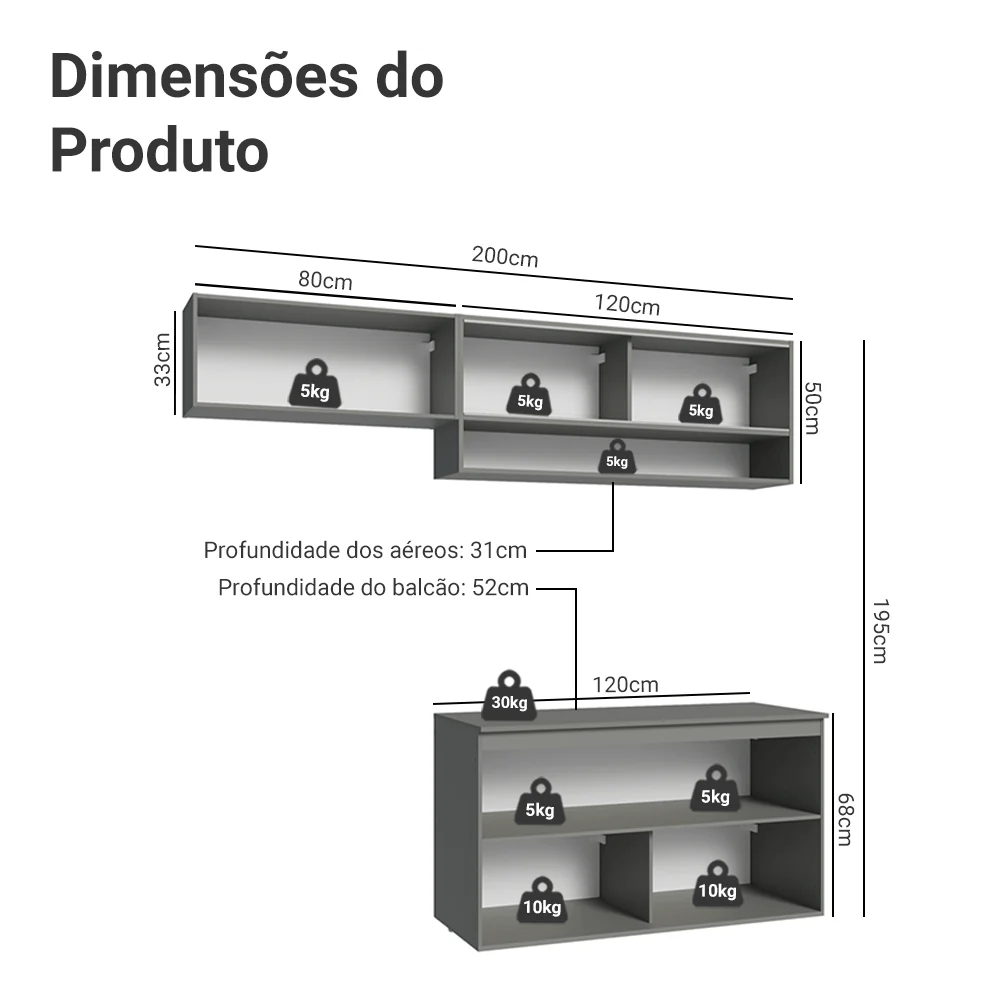 Armário de Cozinha Compacta Suspenso 200cm Cinza Nice Madesa 07 - Image 3