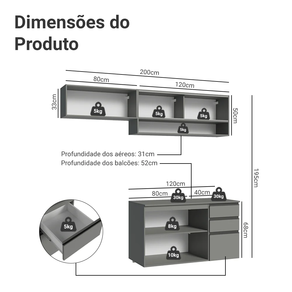 Armário de Cozinha Compacta Suspenso 200cm Cinza Nice Madesa 11 - Image 3