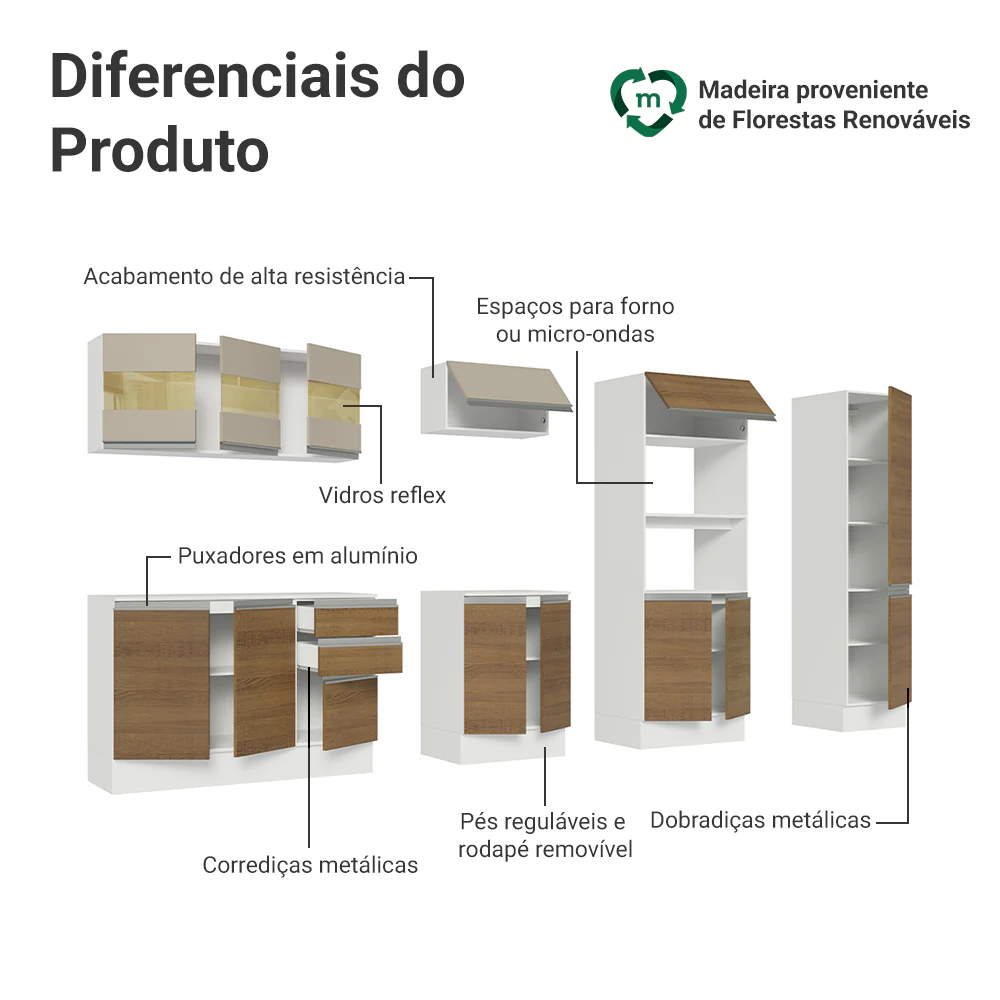 Armário de Cozinha Completa 100% MDF 300cm Branco/Rustic/Crema Smart Madesa 02 - Image 4