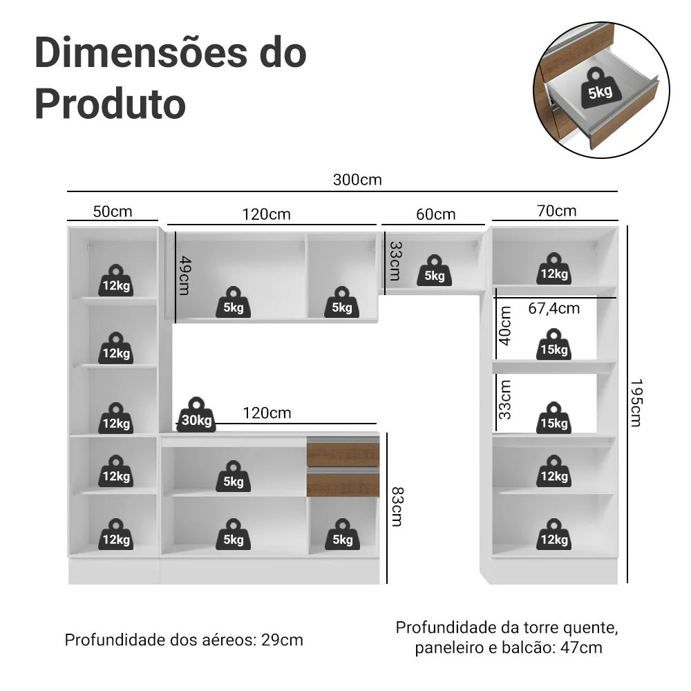 Armário de Cozinha Completa 100% MDF 300cm Branco/Rustic/Crema Smart Madesa 03 - Image 3