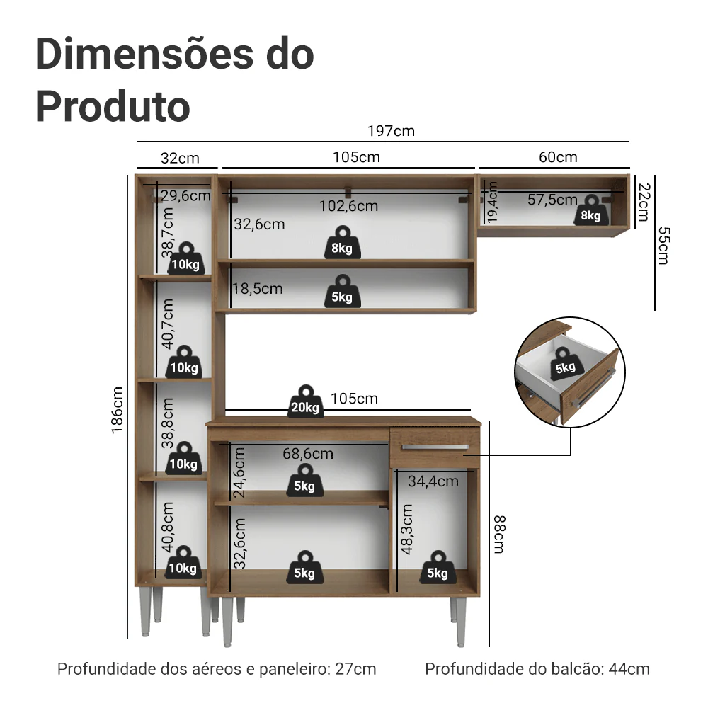 Armário de Cozinha Completa 197 cm Rustic Emilly Madesa 02 - Image 3
