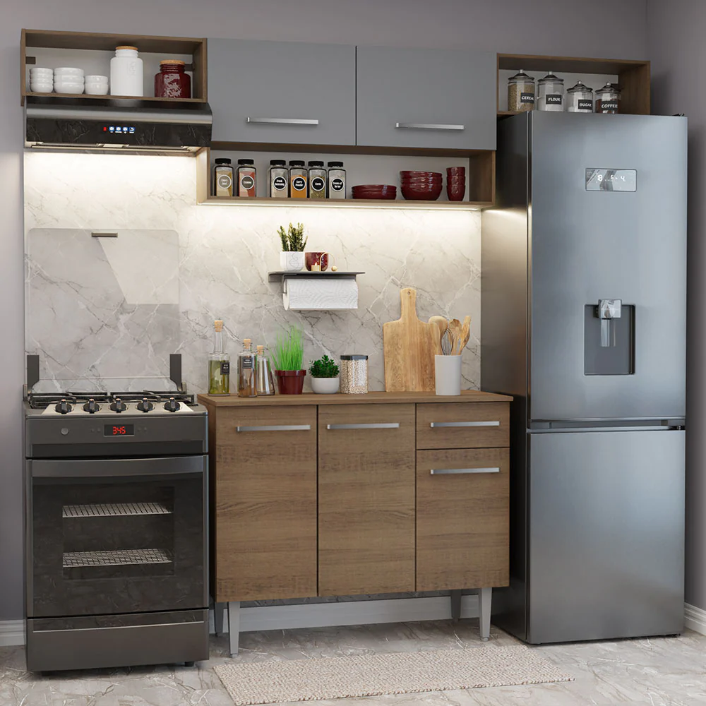 Armário de Cozinha Completa 225cm Rustic/Cinza Emilly Madesa 01