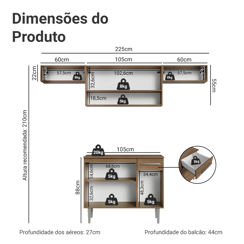 Armário de Cozinha Completa 225cm Rustic/Cinza Emilly Madesa 01 - Image 3