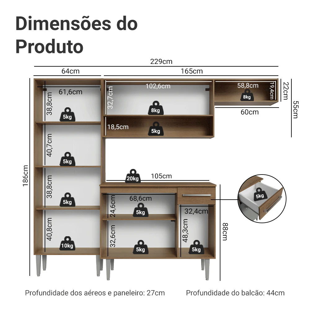 Armário de Cozinha Completa 229cm Rustic/Cinza Emilly Madesa 016 - Image 3