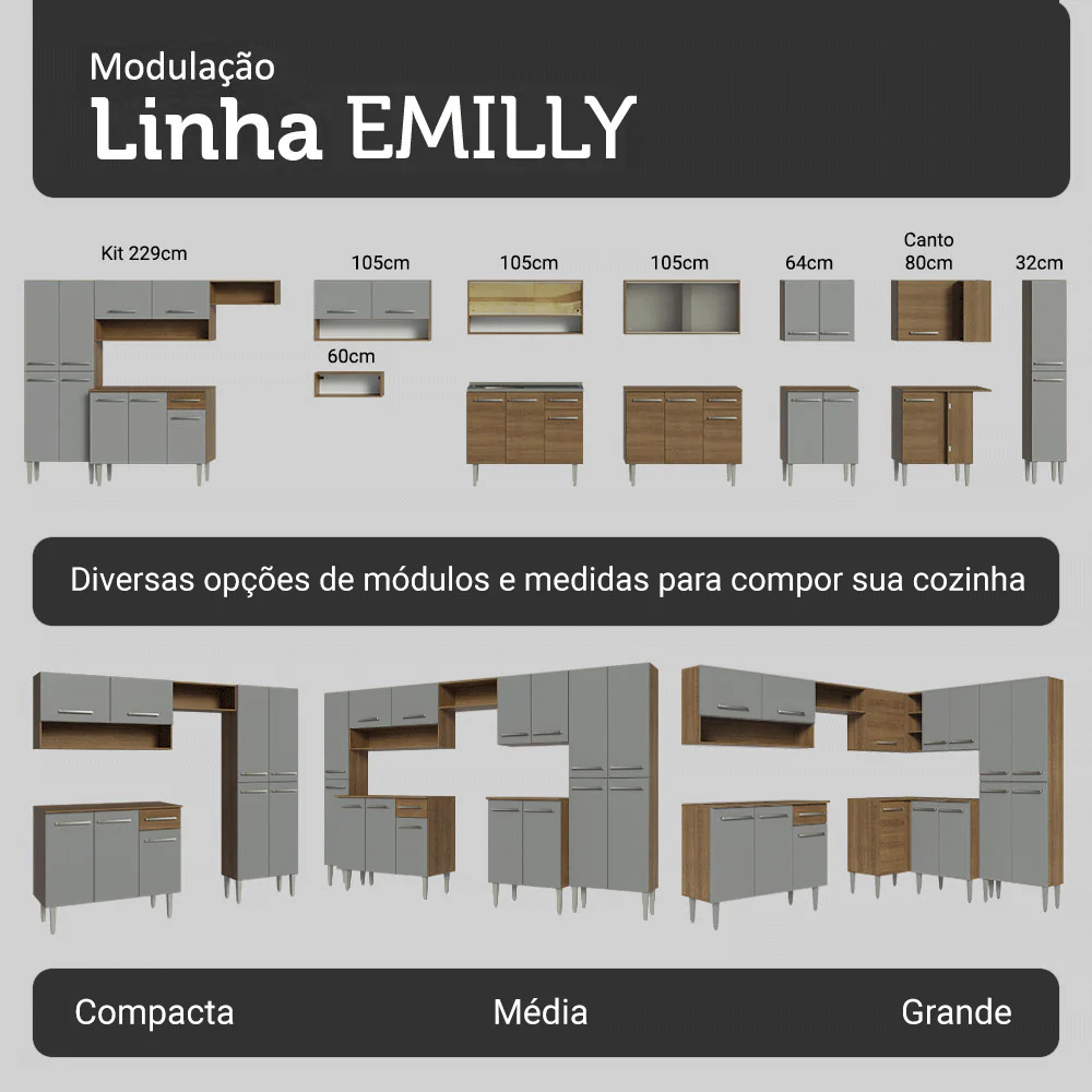 Armário de Cozinha Completa 229cm Rustic/Cinza Emilly Madesa 016 - Image 9
