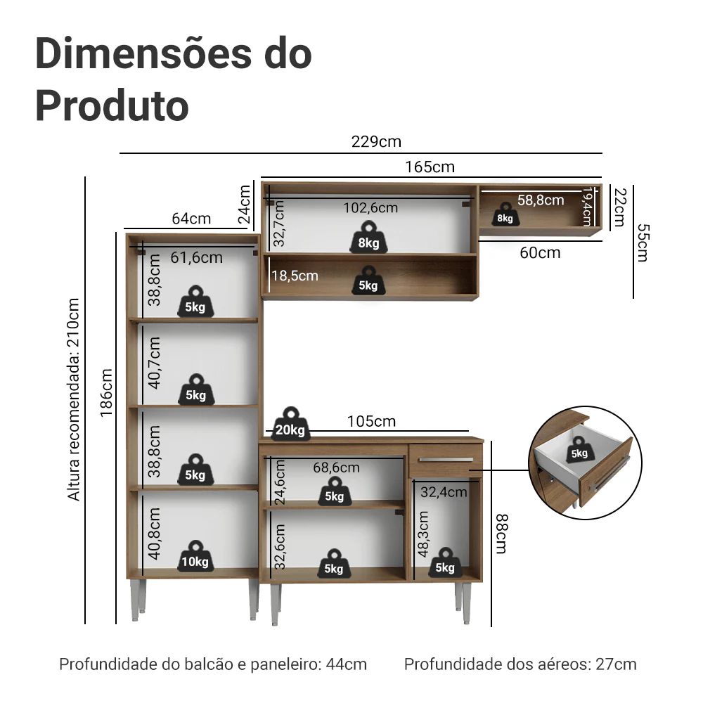 Armário de Cozinha Completa 229cm Rustic/Cinza Emilly Madesa 18 - Image 3
