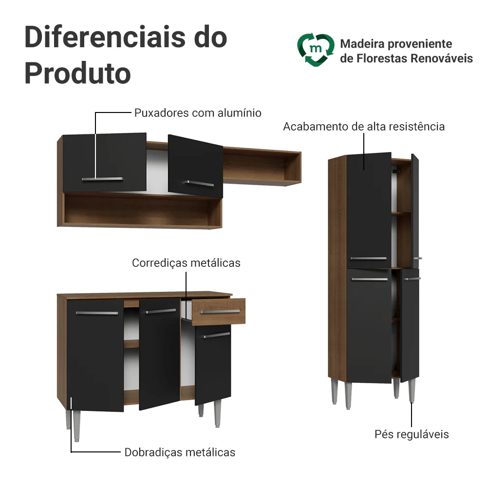Armário de Cozinha Completa 229cm Rustic/Preto Emilly Madesa 017 - Image 4