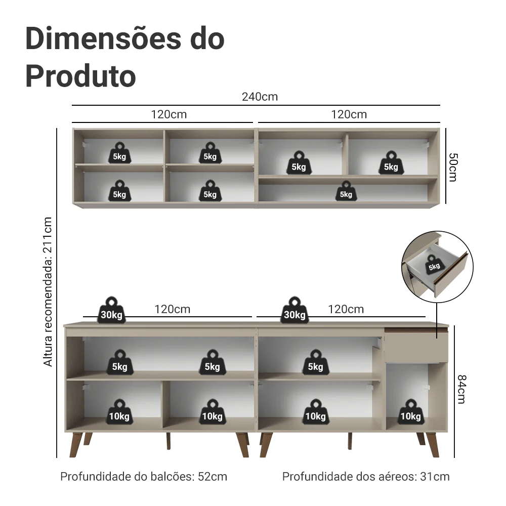 Armário de Cozinha Completa 240 cm Crema Nice Madesa 02 - Image 3