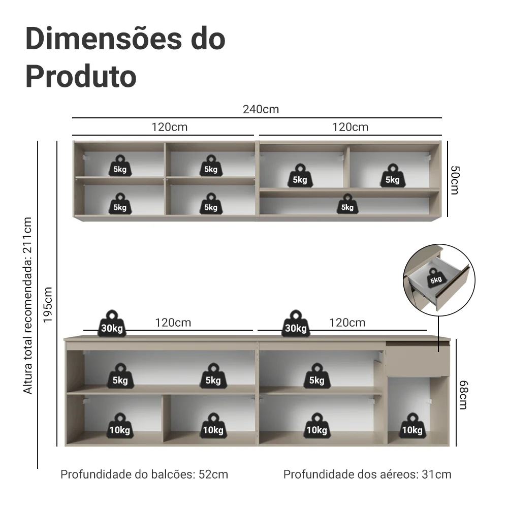 Armário de Cozinha Completa 240 cm Suspenso Crema Nice Madesa 04 - Image 3