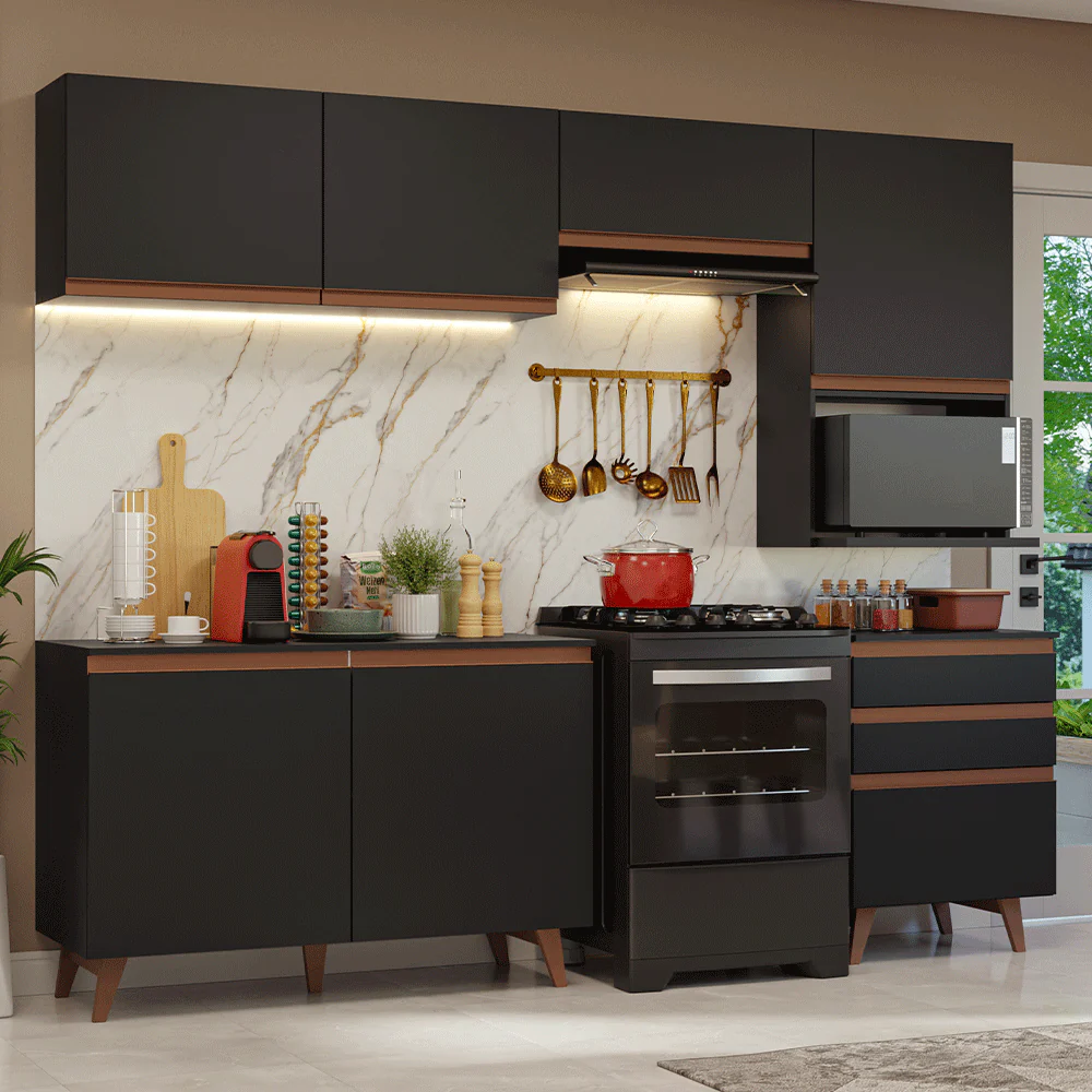 Armário de Cozinha Completa 250cm Preto Reims Madesa 08