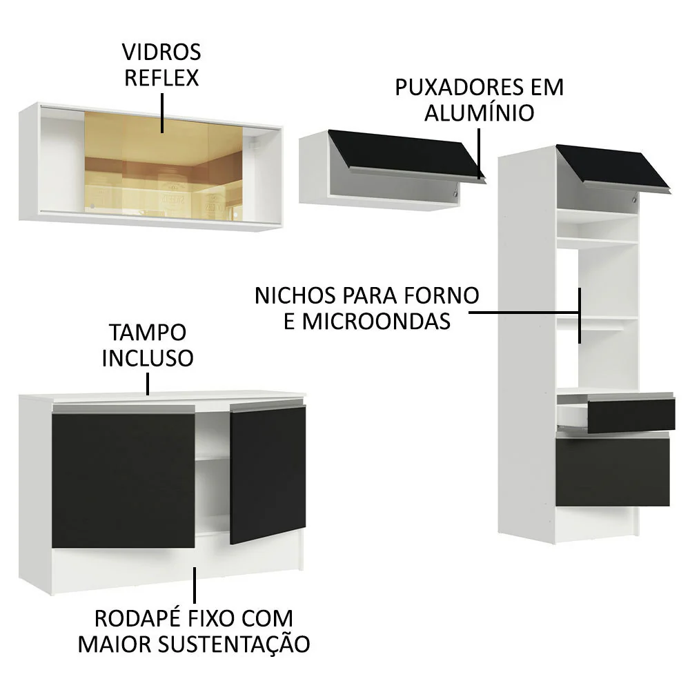 Armário de Cozinha Completa 260cm Branco/Preto Diamante Madesa 02 - Image 4