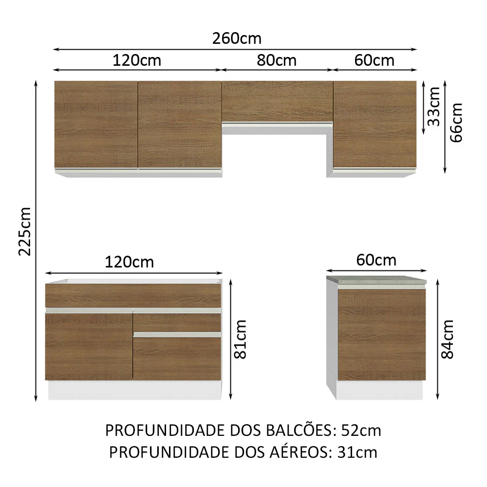 Armário de Cozinha Completa 260cm Branco/Rustic Glamy Madesa 05 - Image 3