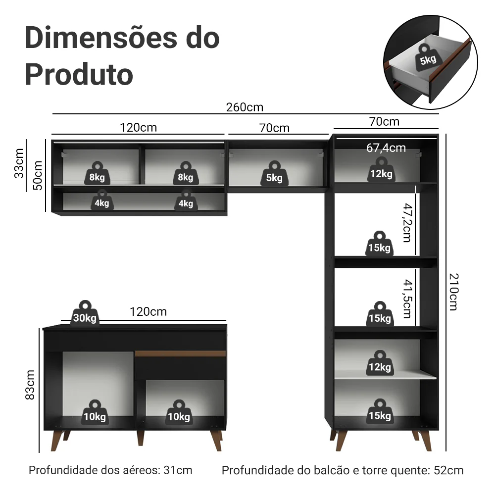 Armário de Cozinha Completa 260cm Preto Reims Madesa 12 - Image 3