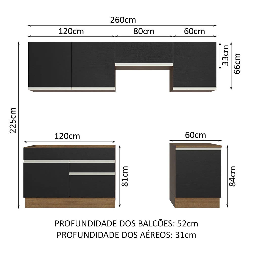 Armário de Cozinha Completa 260cm Rustic/Preto Glamy Madesa 04 - Image 3