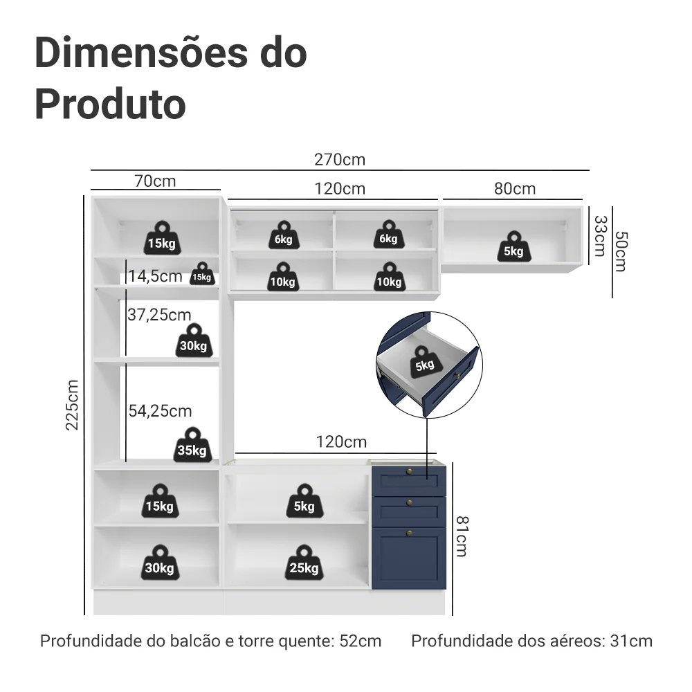 Armário de Cozinha Completa 270 cm Branco/Azul Vik Madesa 03 - Image 3