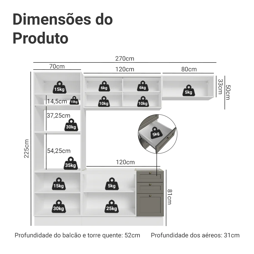 Armário de Cozinha Completa 270 cm Branco/Cinza Vik Madesa 04 - Image 3