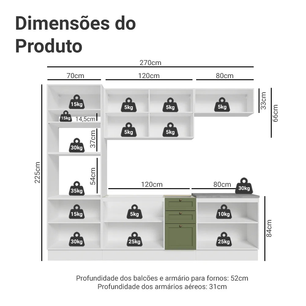 Armário de Cozinha Completa 270 cm Branco/Verde/Branco Vik Madesa 01 - Image 3