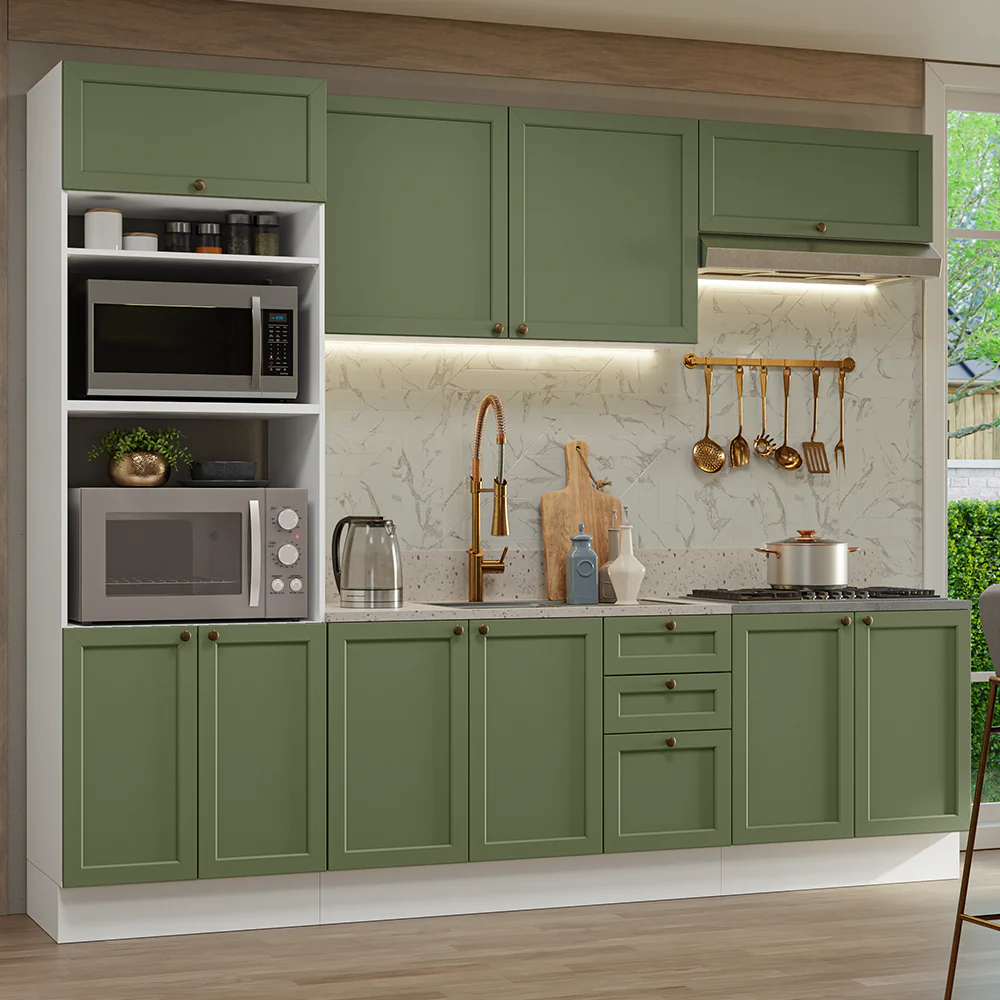 Armário de Cozinha Completa 270 cm Branco/Verde Vik Madesa 01