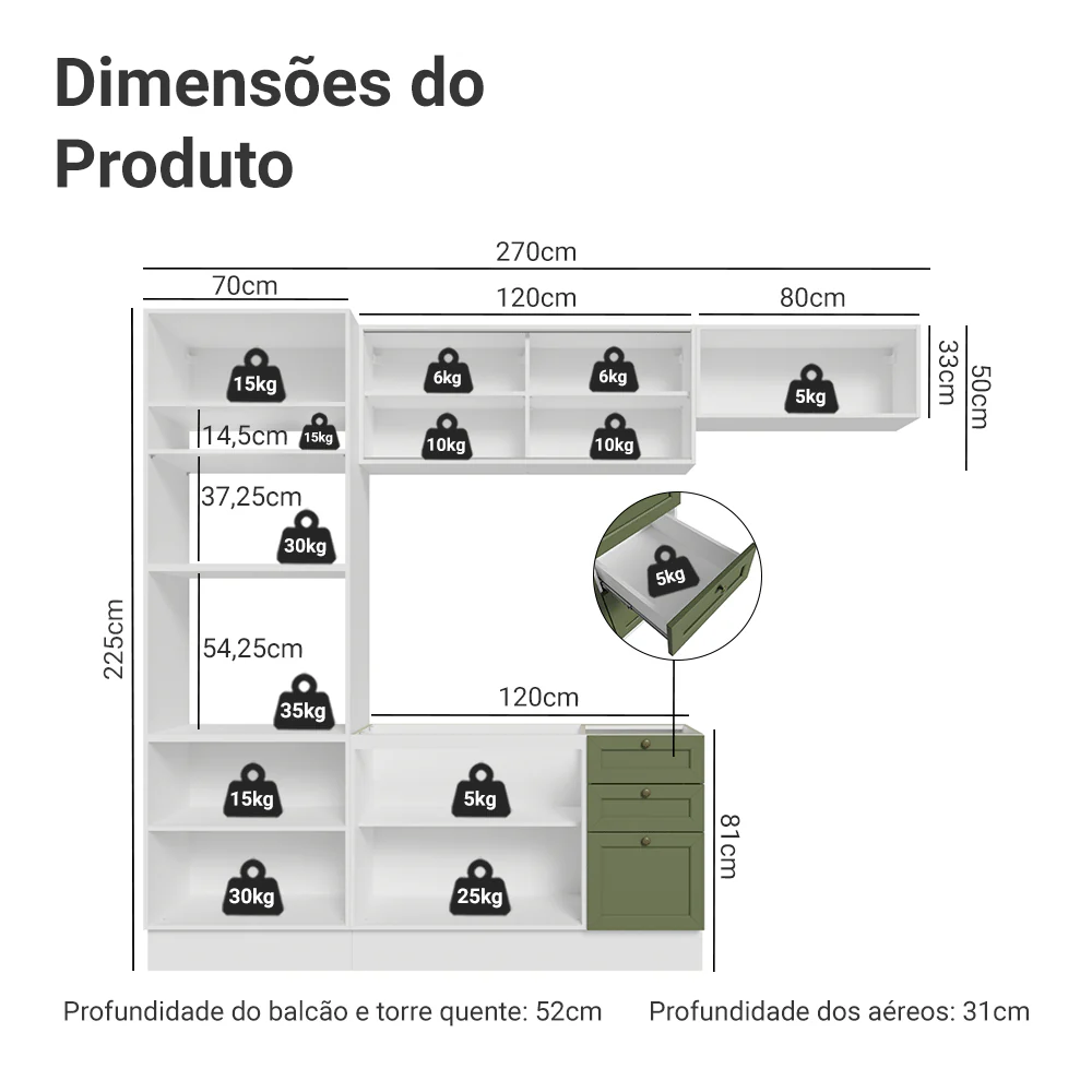 Armário de Cozinha Completa 270 cm Branco/Verde Vik Madesa 03 - Image 3