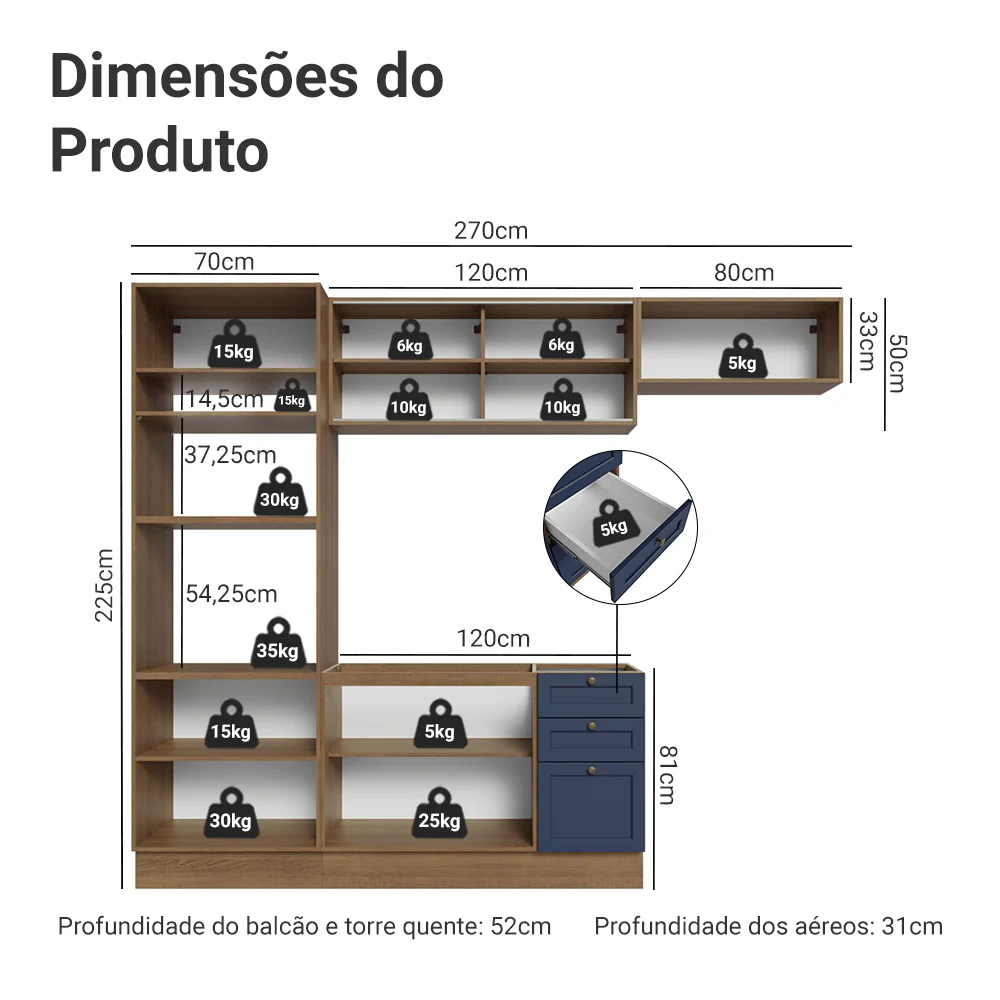 Armário de Cozinha Completa 270 cm Rustic/Azul Vik Madesa 04 - Image 3