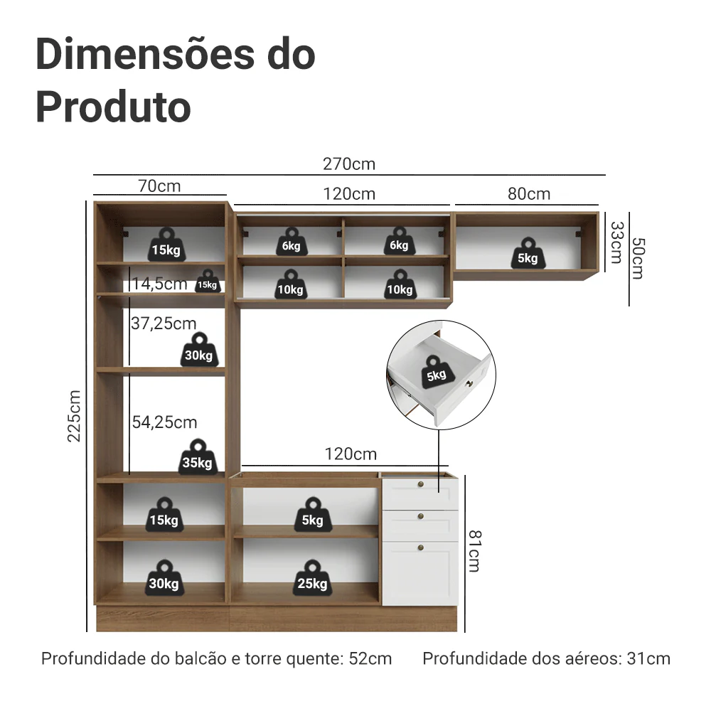 Armário de Cozinha Completa 270 cm Rustic/Branco Vik Madesa 03 - Image 3