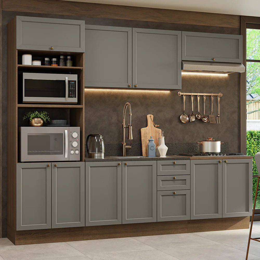 Armário de Cozinha Completa 270 cm Rustic/Cinza Vik Madesa 01