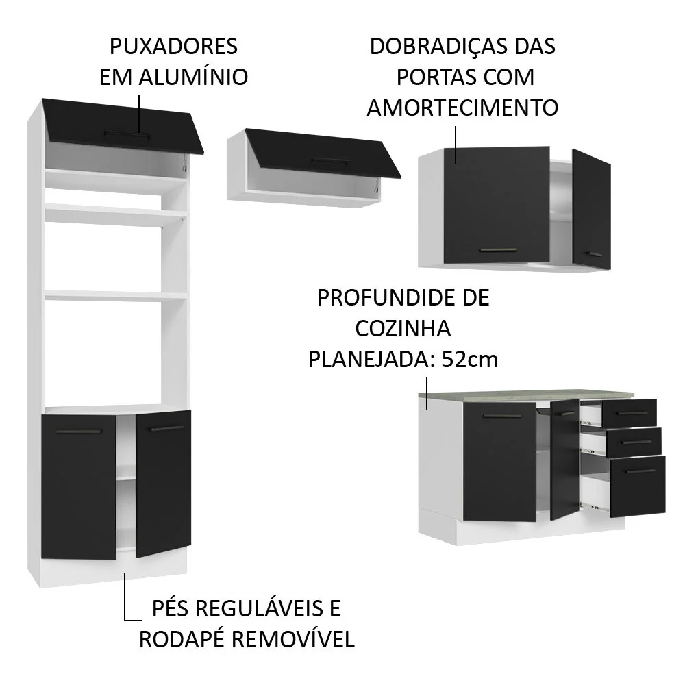 Armário de Cozinha Completa 270cm Branco/Preto Agata Madesa 07 - Image 4
