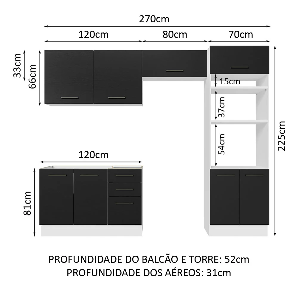 Armário de Cozinha Completa 270cm Branco/Preto Agata Madesa 08 - Image 3