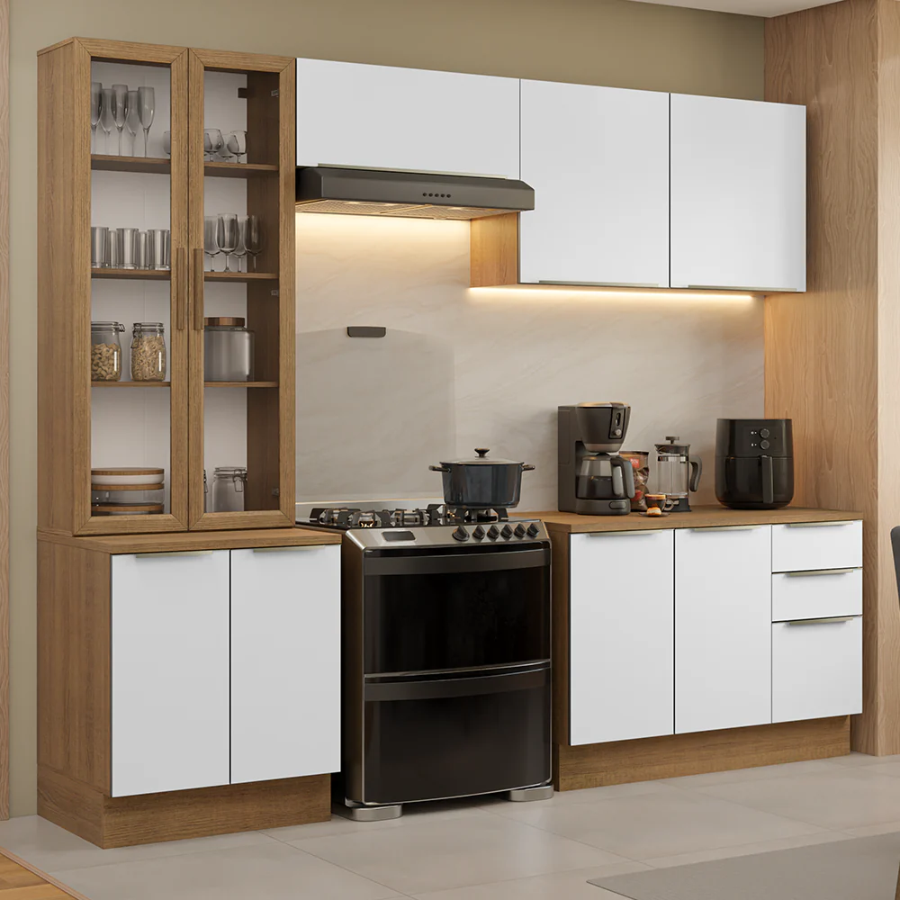Armário de Cozinha Completa 270 x 60 cm Rustic/Branco Veludo Lux Madesa 04