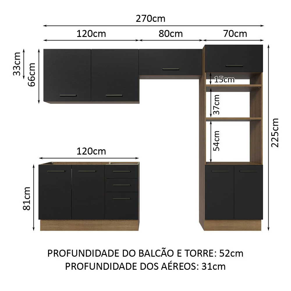 Armário de Cozinha Completa 270cm Rustic/Preto Agata Madesa 08 - Image 3