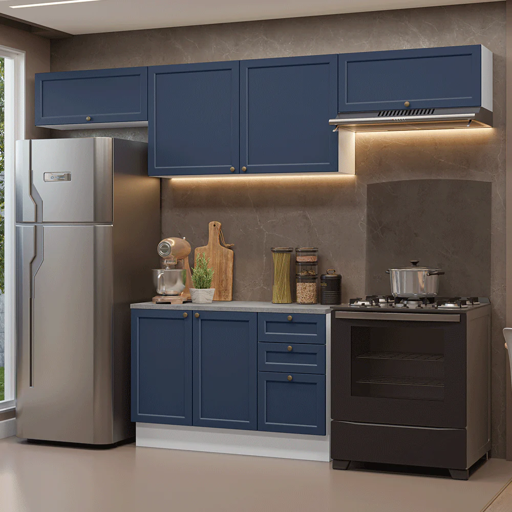 Armário de Cozinha Completa 280 cm Branco/Azul Vik Madesa 01
