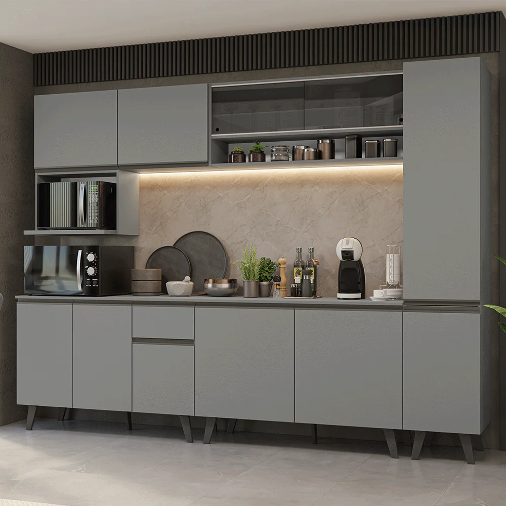Armário de Cozinha Completa 280 cm Cinza Nice Madesa 03